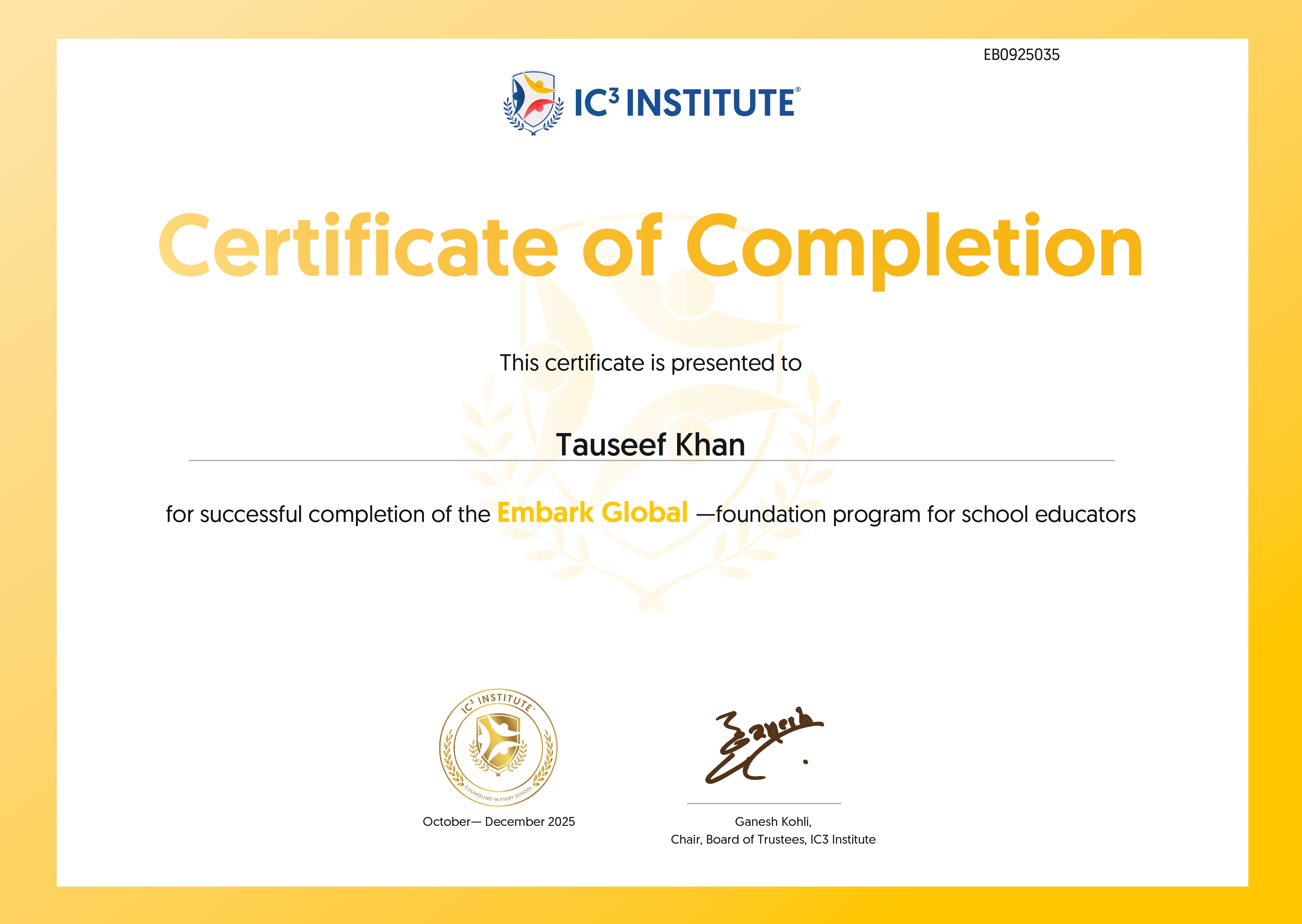 IC3 Award Contribution Certificate